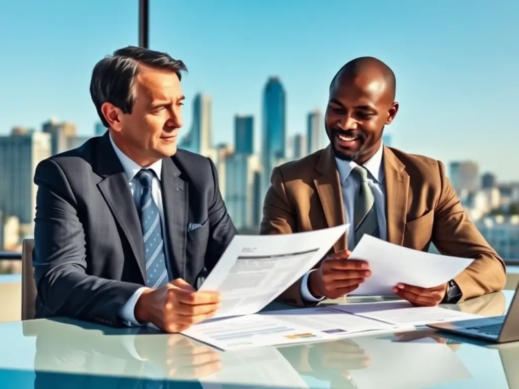 A professional financial advisor discussing wealth plans with a South African client, with a city skyline in the background.