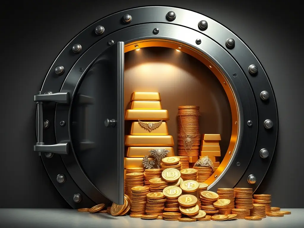An image showcasing a secure vault filled with gold bars and valuable assets, representing wealth preservation and financial security.